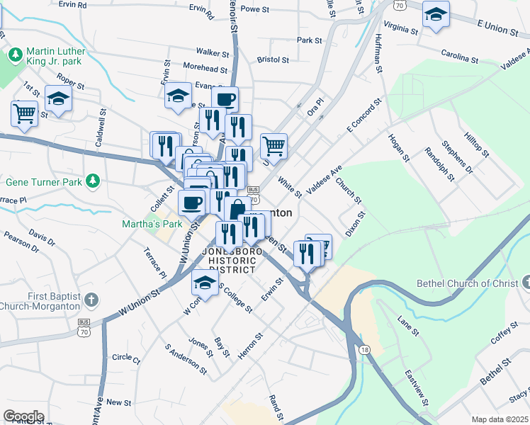 map of restaurants, bars, coffee shops, grocery stores, and more near in Morganton