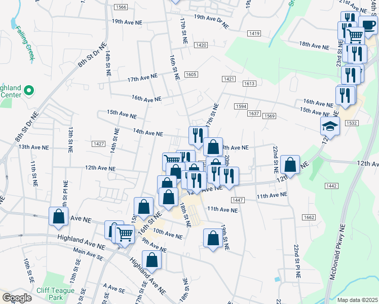 map of restaurants, bars, coffee shops, grocery stores, and more near 1323 16th Street Northeast in Hickory