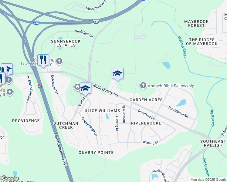 map of restaurants, bars, coffee shops, grocery stores, and more near 3901 Rock Quarry Road in Raleigh