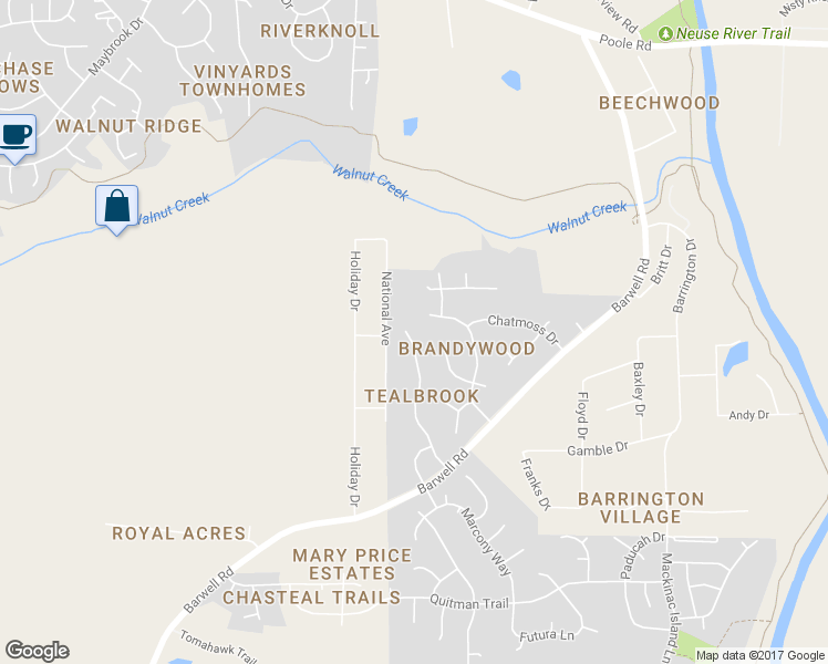 map of restaurants, bars, coffee shops, grocery stores, and more near 5517 Tealbrook Drive in Raleigh