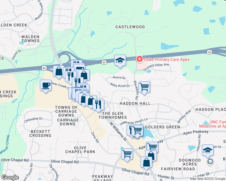 map of restaurants, bars, coffee shops, grocery stores, and more near 1100 Eastleigh Court in Apex