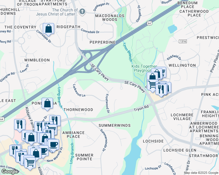 map of restaurants, bars, coffee shops, grocery stores, and more near 223 Larkwood Lane in Cary