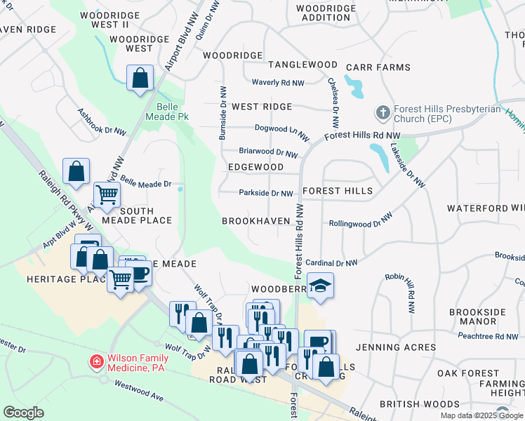 map of restaurants, bars, coffee shops, grocery stores, and more near 1403 Tanglewood Drive Northwest in Wilson