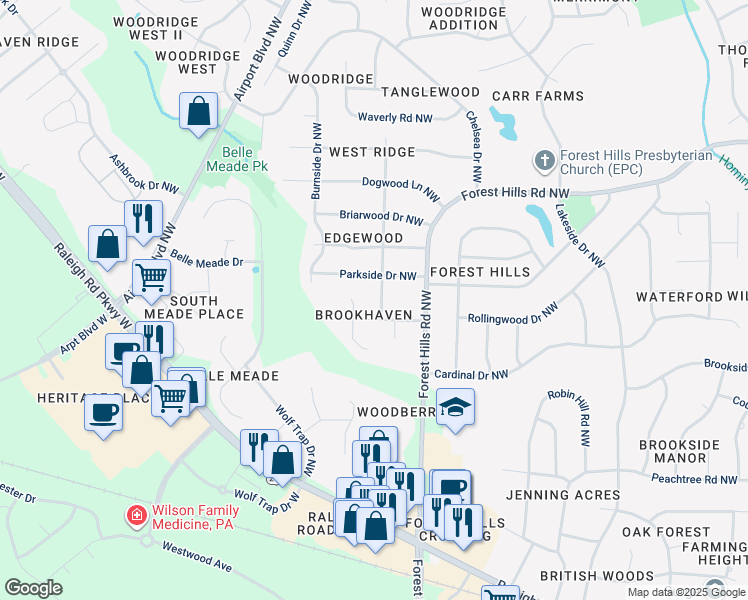 map of restaurants, bars, coffee shops, grocery stores, and more near 1403 Tanglewood Drive Northwest in Wilson
