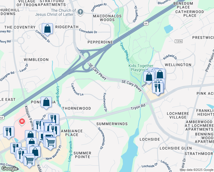 map of restaurants, bars, coffee shops, grocery stores, and more near 223 Larkwood Lane in Cary