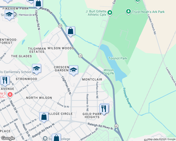 map of restaurants, bars, coffee shops, grocery stores, and more near 1320 Corbett Avenue Northeast in Wilson
