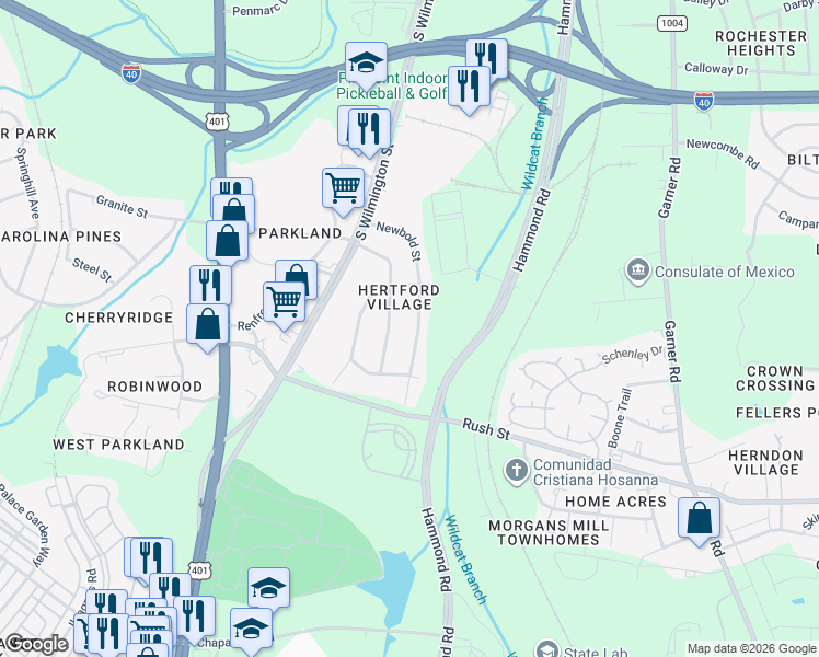 map of restaurants, bars, coffee shops, grocery stores, and more near 2739 Layden Street in Raleigh