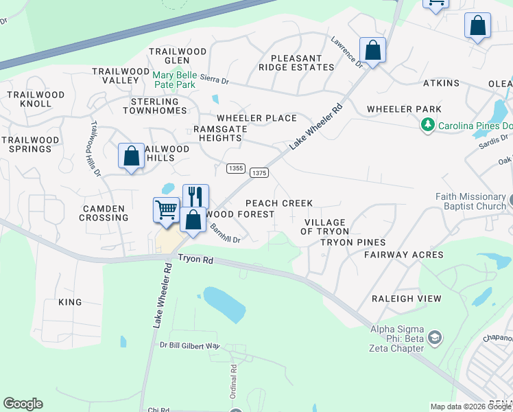 map of restaurants, bars, coffee shops, grocery stores, and more near 2501 Lake Wheeler Road in Raleigh