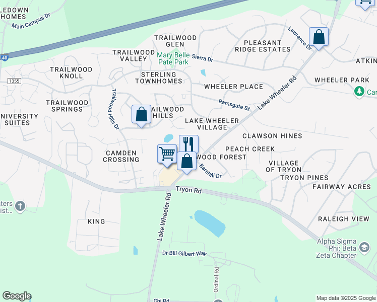 map of restaurants, bars, coffee shops, grocery stores, and more near 2413 Kirk Avenue in Raleigh
