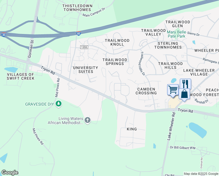 map of restaurants, bars, coffee shops, grocery stores, and more near 2512 Tryon Grove Drive in Raleigh