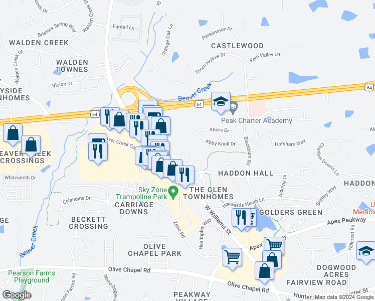map of restaurants, bars, coffee shops, grocery stores, and more near 437 Eyam Hall Lane in Apex