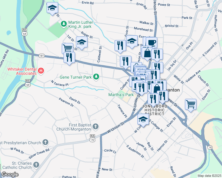 map of restaurants, bars, coffee shops, grocery stores, and more near 107 Sycamore Circle in Morganton
