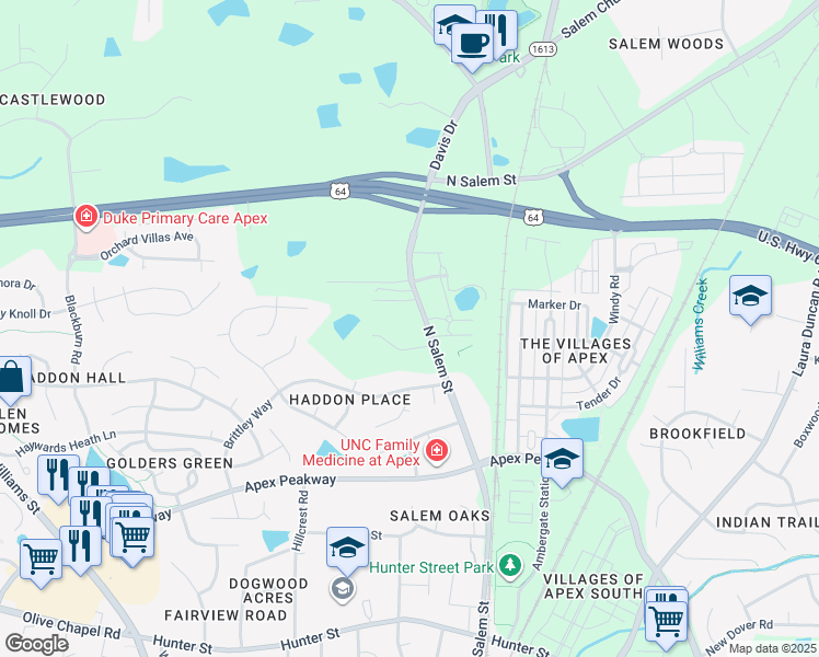map of restaurants, bars, coffee shops, grocery stores, and more near 1201 North Salem Street in Apex