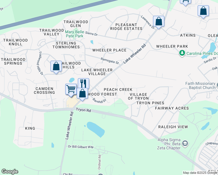 map of restaurants, bars, coffee shops, grocery stores, and more near 2501 Lake Wheeler Road in Raleigh