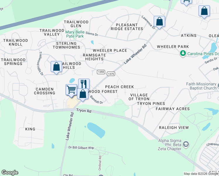 map of restaurants, bars, coffee shops, grocery stores, and more near 2501 Lake Wheeler Road in Raleigh