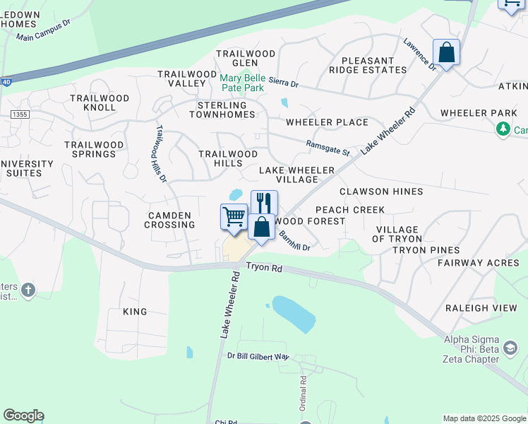 map of restaurants, bars, coffee shops, grocery stores, and more near 2413 Kirk Avenue in Raleigh