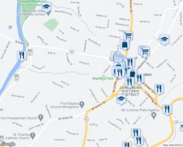 map of restaurants, bars, coffee shops, grocery stores, and more near 406 North College Street in Morganton
