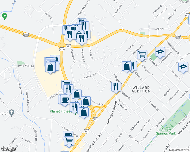 map of restaurants, bars, coffee shops, grocery stores, and more near 1228 Tapoco Avenue in Maryville