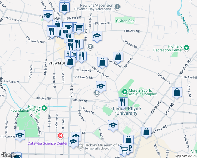 map of restaurants, bars, coffee shops, grocery stores, and more near 380 9th Avenue Drive Northeast in Hickory