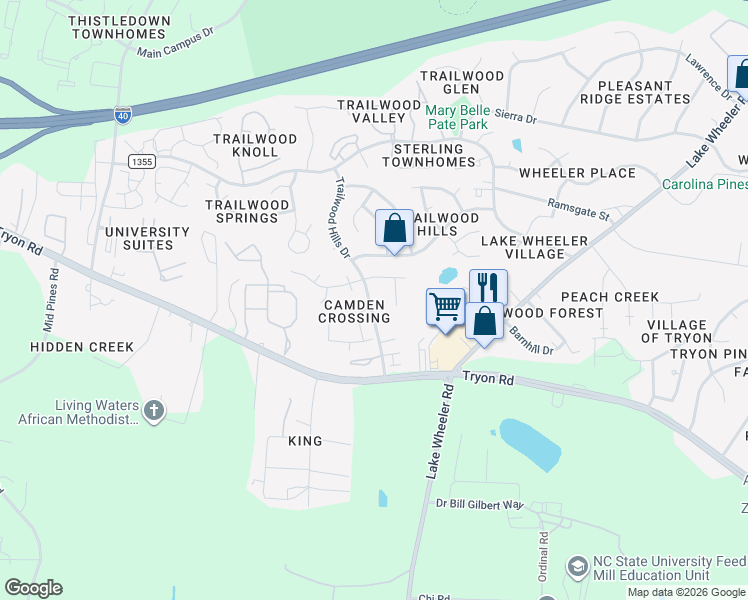 map of restaurants, bars, coffee shops, grocery stores, and more near 2533 Trailwood Hills Drive in Raleigh