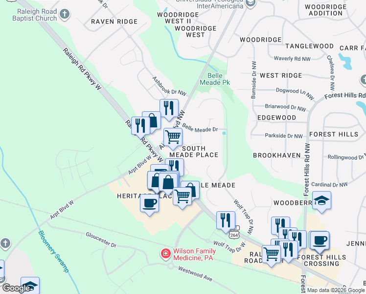 map of restaurants, bars, coffee shops, grocery stores, and more near 3517 South Meade Place Northwest in Wilson