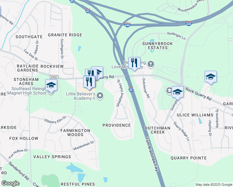 map of restaurants, bars, coffee shops, grocery stores, and more near 2419 Follow Me Way in Raleigh