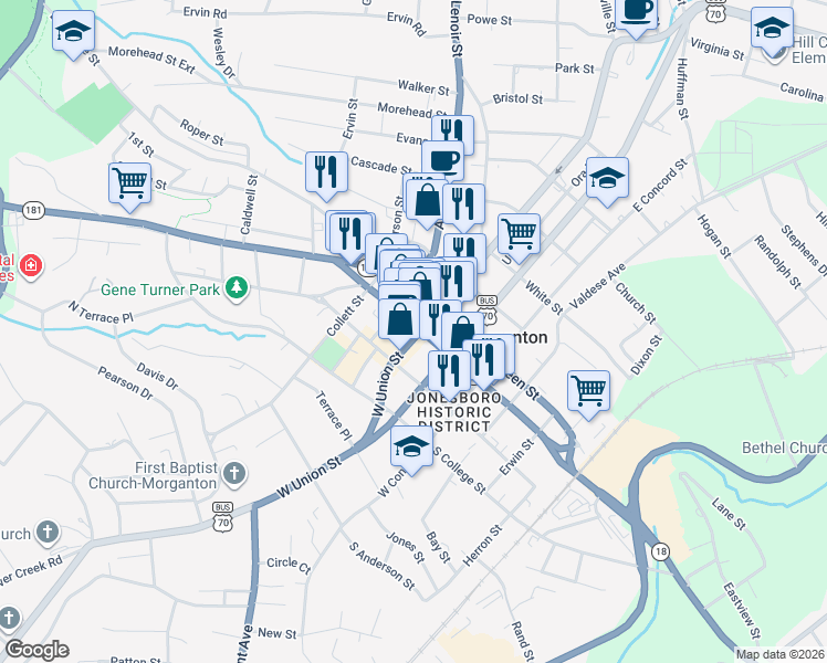 map of restaurants, bars, coffee shops, grocery stores, and more near in Morganton