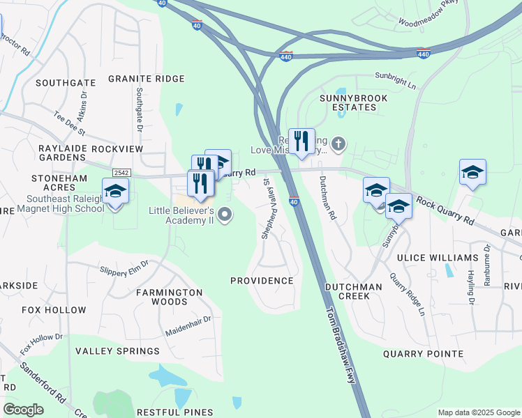 map of restaurants, bars, coffee shops, grocery stores, and more near 2419 Follow Me Way in Raleigh