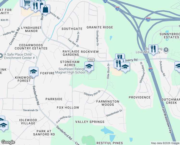 map of restaurants, bars, coffee shops, grocery stores, and more near 2600 Rock Quarry Road in Raleigh