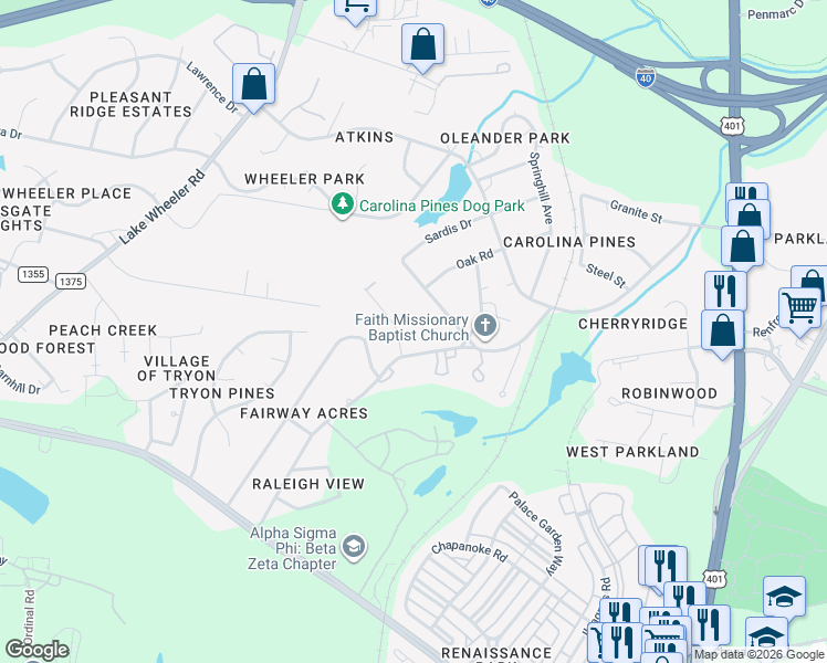 map of restaurants, bars, coffee shops, grocery stores, and more near 2428 Fairway Drive in Raleigh