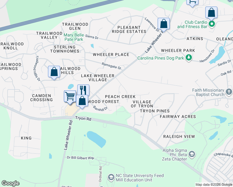 map of restaurants, bars, coffee shops, grocery stores, and more near 1904 Tischer Road in Raleigh