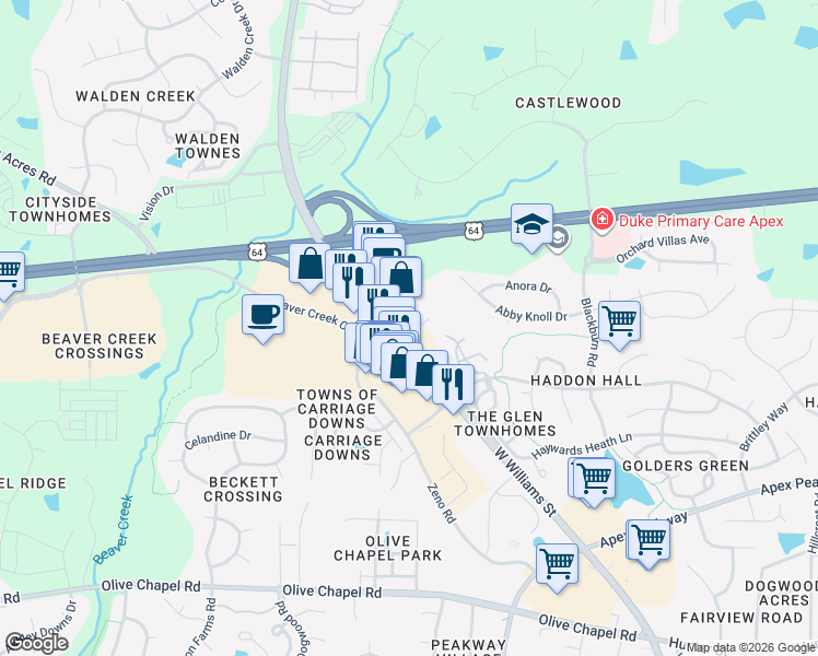 map of restaurants, bars, coffee shops, grocery stores, and more near 1150 West Williams Street in Apex