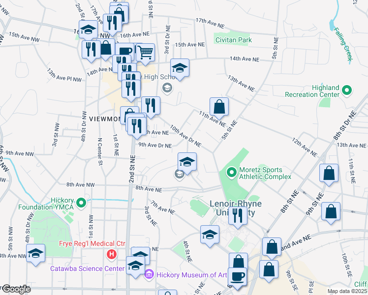 map of restaurants, bars, coffee shops, grocery stores, and more near 420 10th Avenue Drive Northeast in Hickory