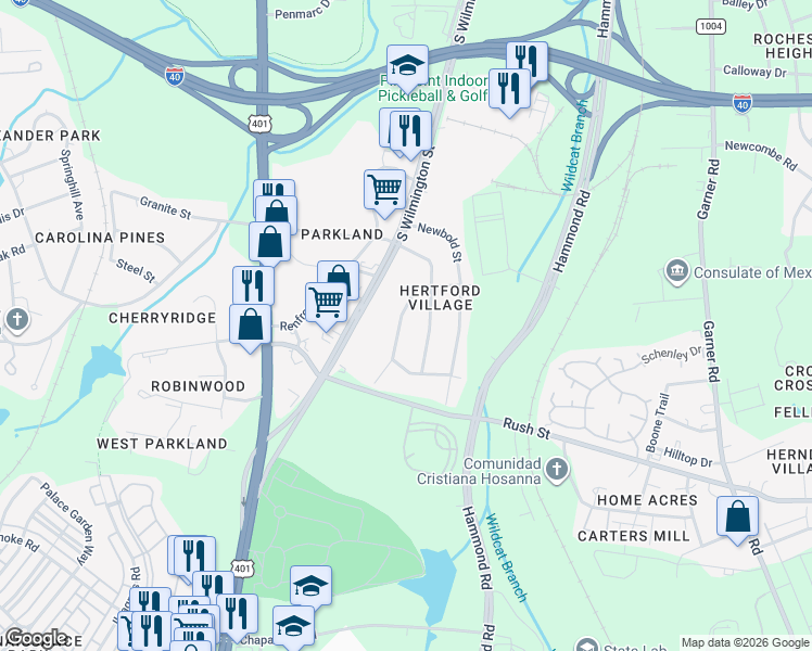 map of restaurants, bars, coffee shops, grocery stores, and more near 2743 Knowles Street in Raleigh
