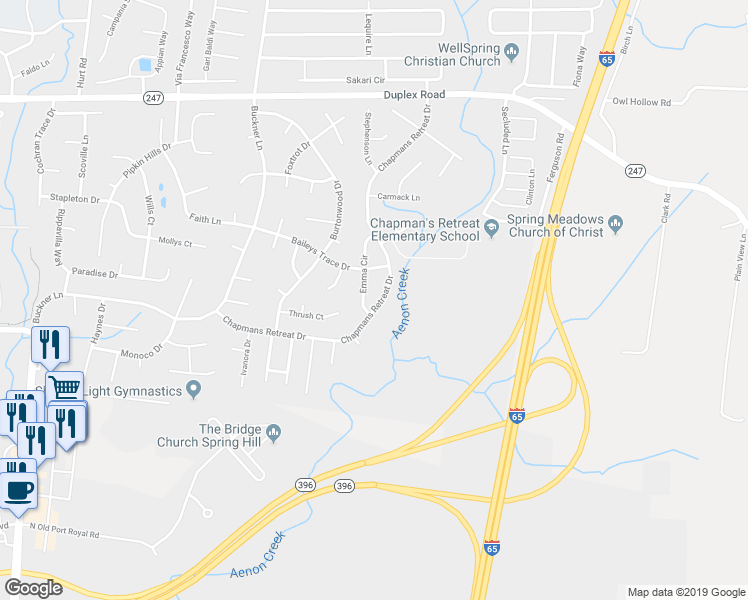map of restaurants, bars, coffee shops, grocery stores, and more near 1275 Chapmans Retreat Dr in Spring Hill