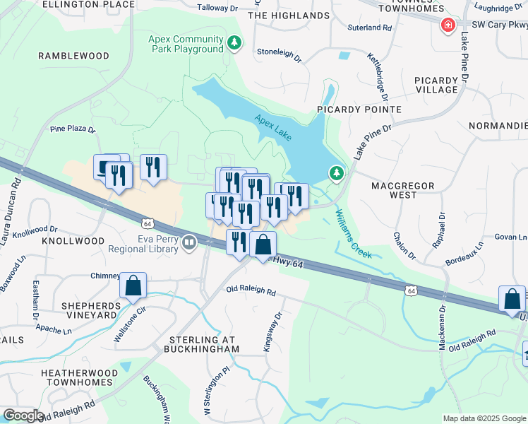 map of restaurants, bars, coffee shops, grocery stores, and more near 910 U.S. 64 in Apex