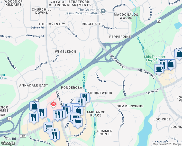 map of restaurants, bars, coffee shops, grocery stores, and more near 104 Dewberry Court in Cary