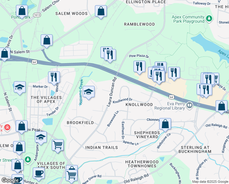 map of restaurants, bars, coffee shops, grocery stores, and more near 1700 Laura Duncan Road in Apex