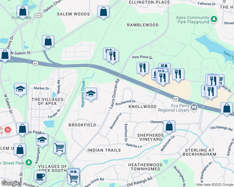 map of restaurants, bars, coffee shops, grocery stores, and more near 1700 Laura Duncan Road in Apex