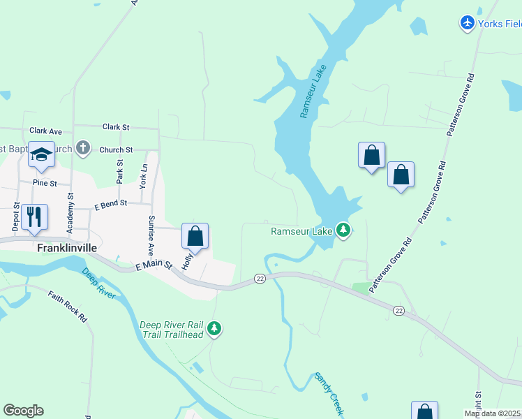 map of restaurants, bars, coffee shops, grocery stores, and more near 225 Wallace Street in Franklinville