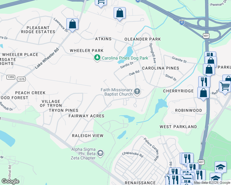 map of restaurants, bars, coffee shops, grocery stores, and more near 2428 Fairway Drive in Raleigh