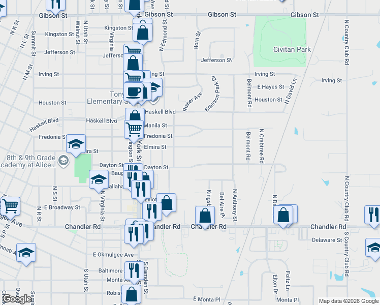 map of restaurants, bars, coffee shops, grocery stores, and more near 2502 Dayton Street in Muskogee