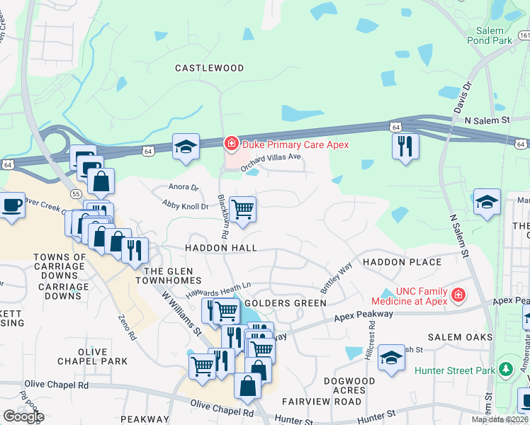 map of restaurants, bars, coffee shops, grocery stores, and more near 1015 Lylebourne Court in Apex