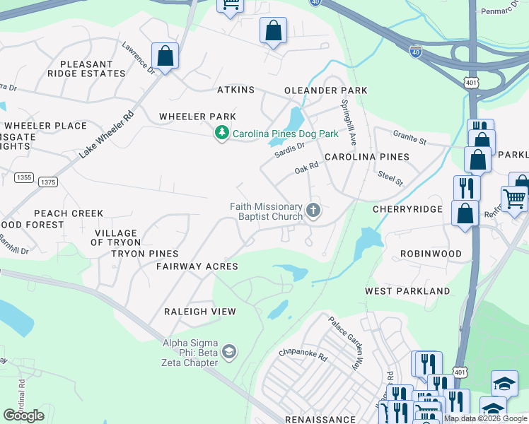 map of restaurants, bars, coffee shops, grocery stores, and more near 2428 Fairway Drive in Raleigh