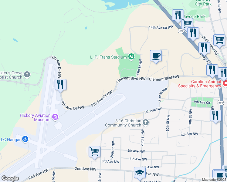 map of restaurants, bars, coffee shops, grocery stores, and more near 2704 9th Avenue Drive Northwest in Hickory
