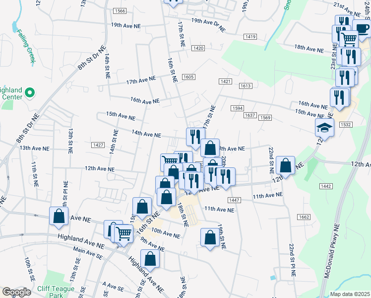 map of restaurants, bars, coffee shops, grocery stores, and more near 1323-1335 16th Street Northeast in Hickory