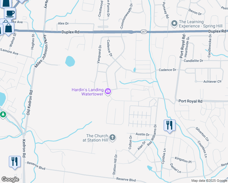 map of restaurants, bars, coffee shops, grocery stores, and more near 8004 Regiment Drive in Spring Hill