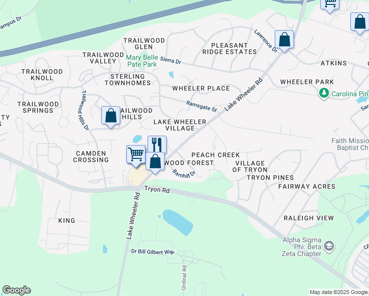 map of restaurants, bars, coffee shops, grocery stores, and more near 2537 Lake Wheeler Road in Raleigh