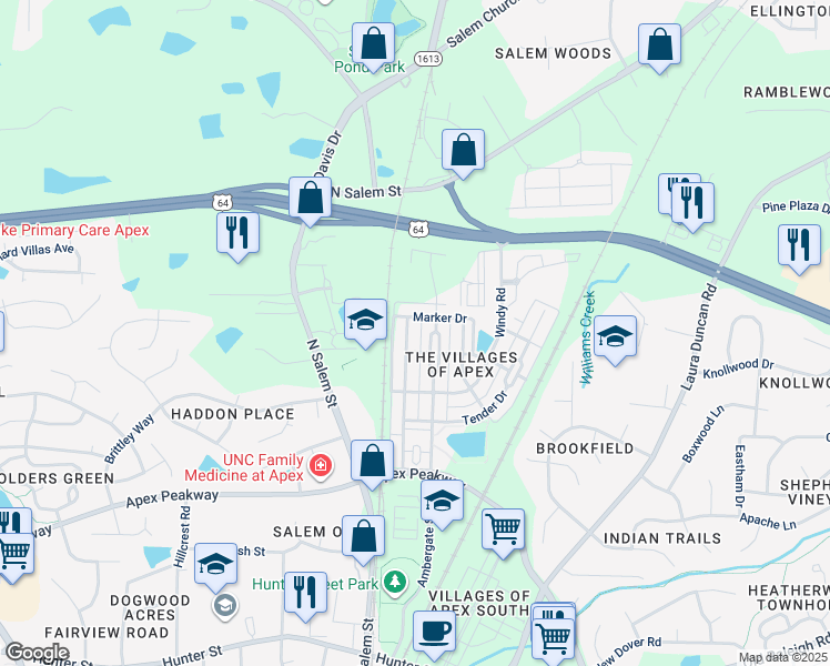 map of restaurants, bars, coffee shops, grocery stores, and more near 1182 Marker Drive in Apex