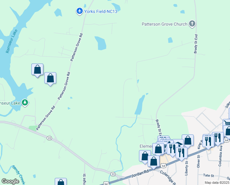 map of restaurants, bars, coffee shops, grocery stores, and more near 713 Brady Street Ext in Ramseur